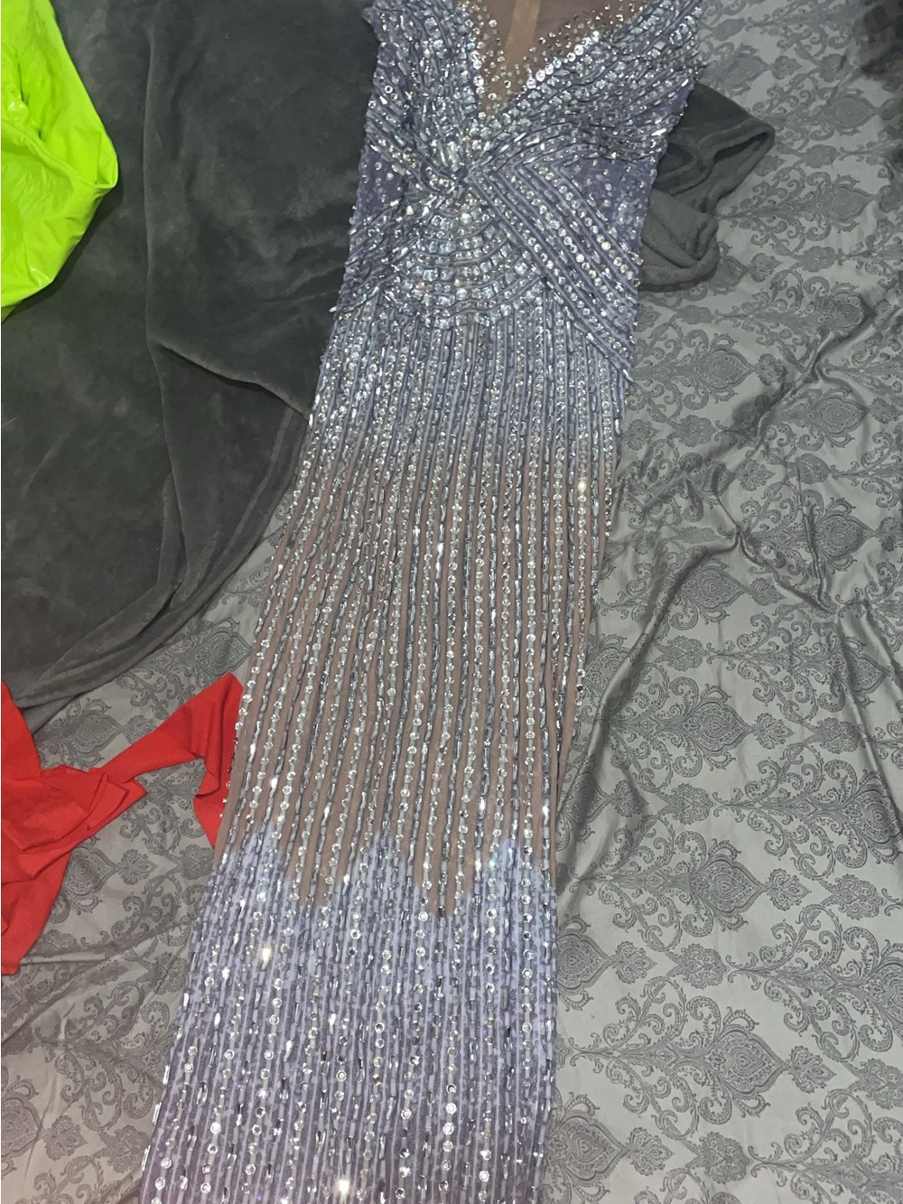 AKIRA Silver Sequin Sheer Panel Evening Gown